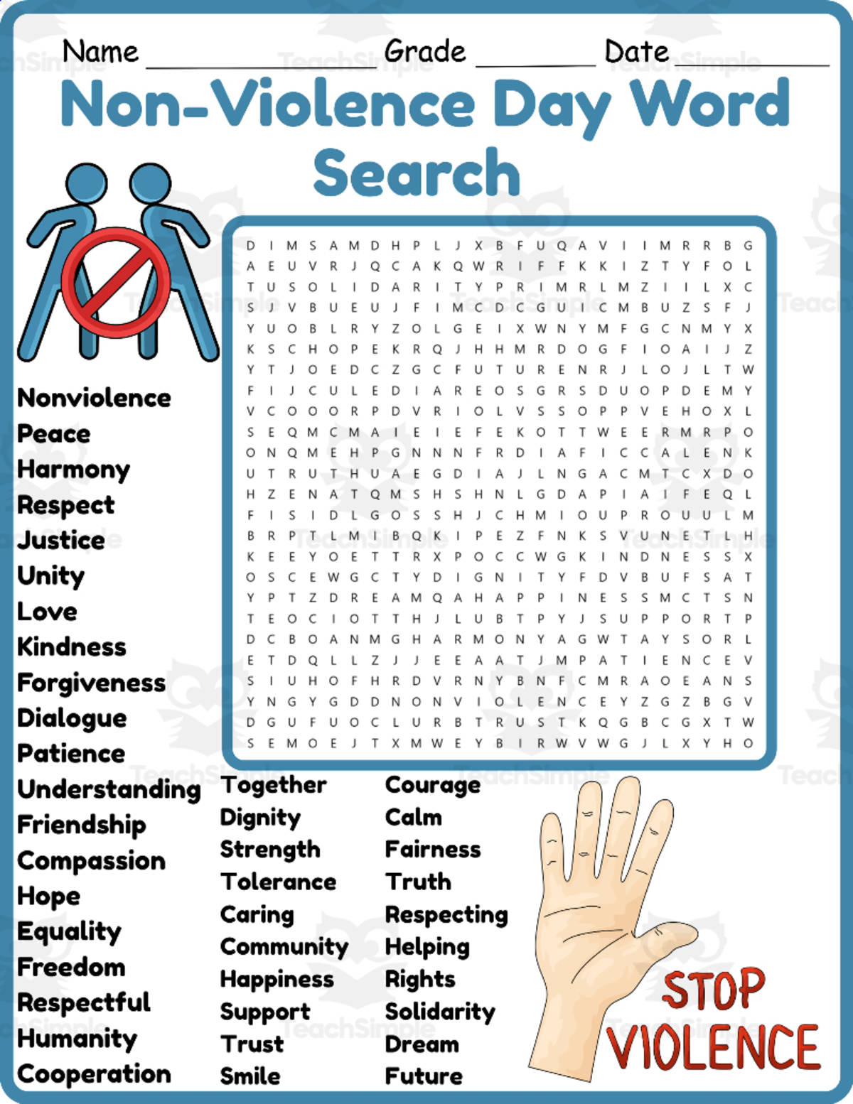 An educational teaching resource from Classsimple entitled International Day of Non-Violence Word Search 2rd 3th 4th 5th Grade downloadable at Teach Simple.