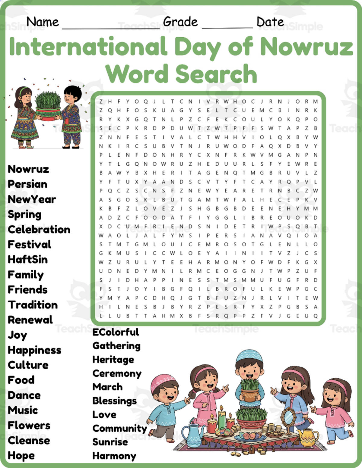An educational teaching resource from Classsimple entitled International Day of Nowruz Word Search 2nd 3rd 4th 5th Grade downloadable at Teach Simple.