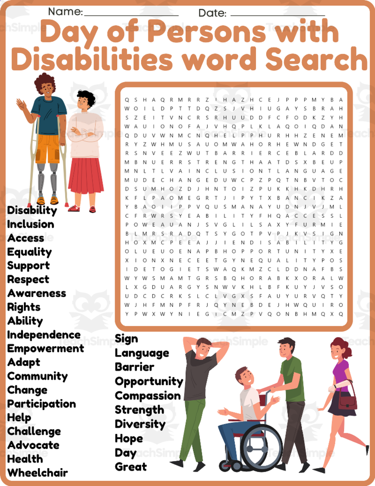 An educational teaching resource from space shope entitled International Day of Persons with Disabilities Word Search Puzzle downloadable at Teach Simple.