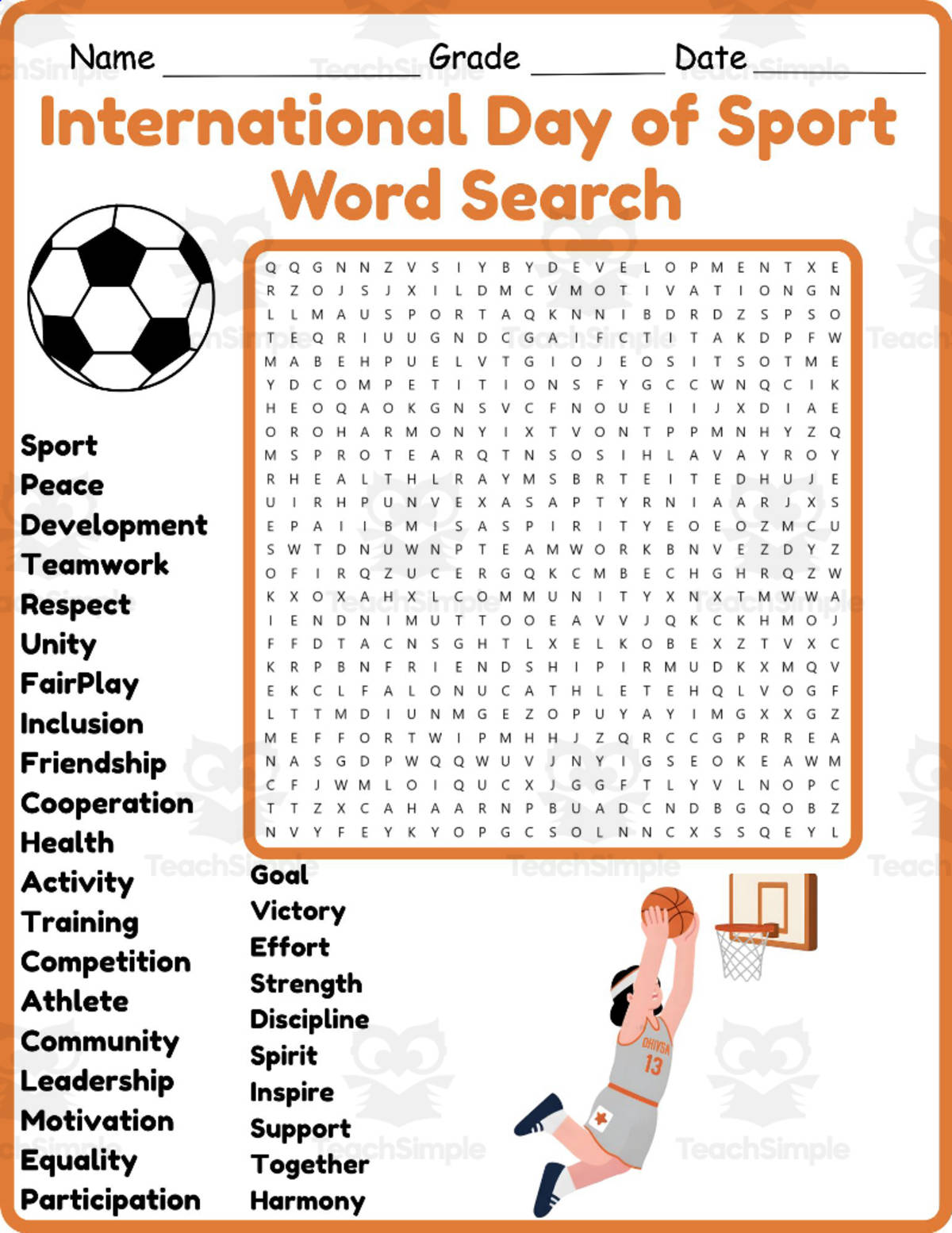 An educational teaching resource from Classsimple entitled International Day of Sport for Development and Peace Word Search downloadable at Teach Simple.