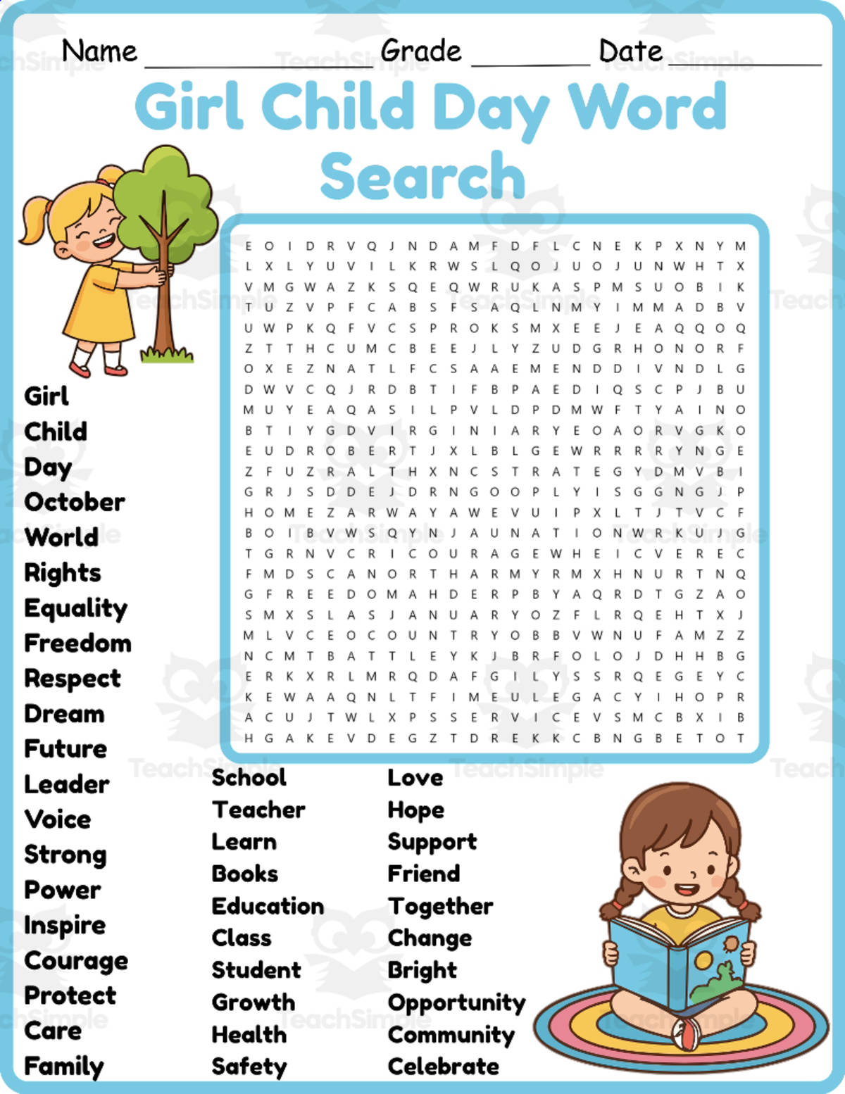An educational teaching resource from Classsimple entitled International Day of the Girl Child Word Search 2rd 3th 4th 5th Grade downloadable at Teach Simple.