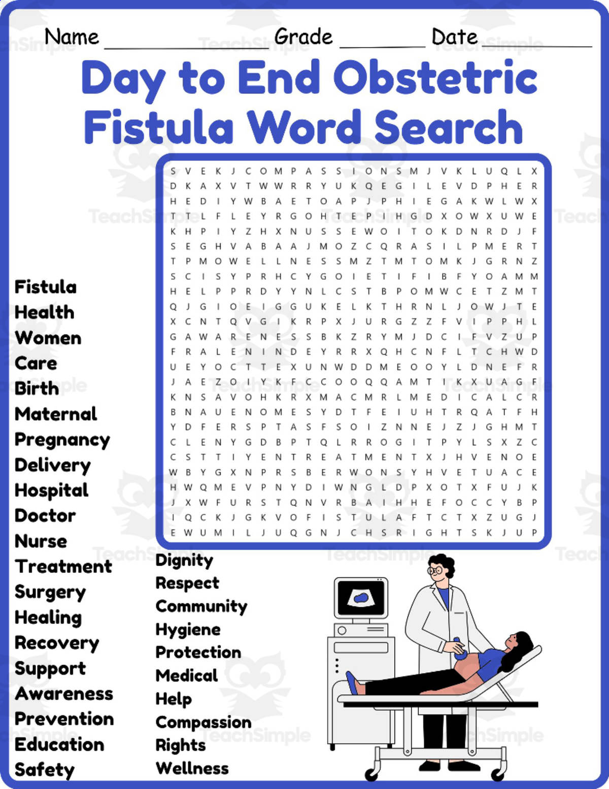 An educational teaching resource from Classsimple entitled International Day to End Obstetric Fistula Word Search downloadable at Teach Simple.