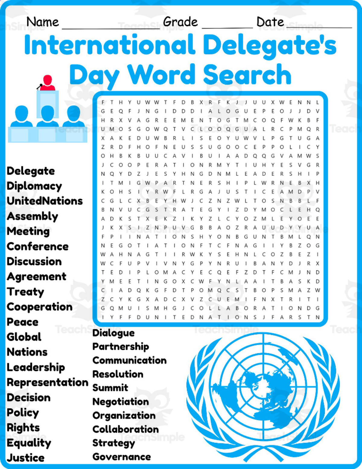 An educational teaching resource from Classsimple entitled International Delegate's Day Word Search 2nd 3rd 4th 5th Grade downloadable at Teach Simple.