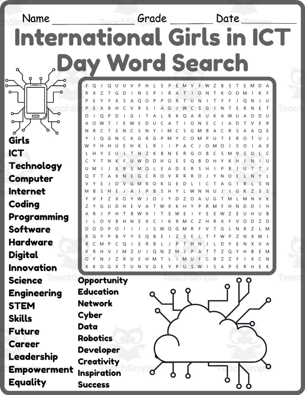 An educational teaching resource from Classsimple entitled International Girls in ICT Day Word Search 2nd 3rd 4th 5th Grade downloadable at Teach Simple.