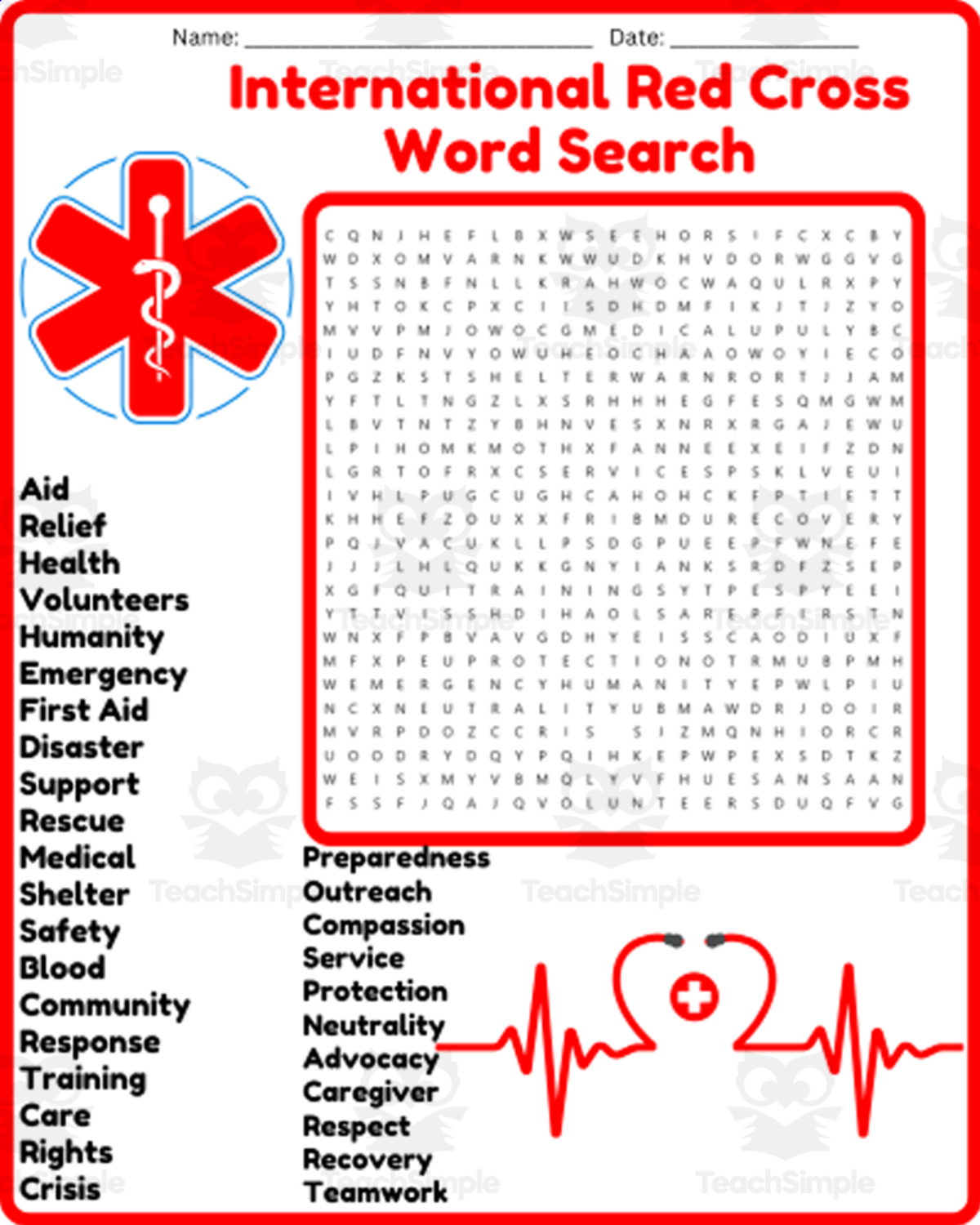 An educational teaching resource from space shope entitled International Red Cross Word Search Puzzle Worksheet Activities downloadable at Teach Simple.