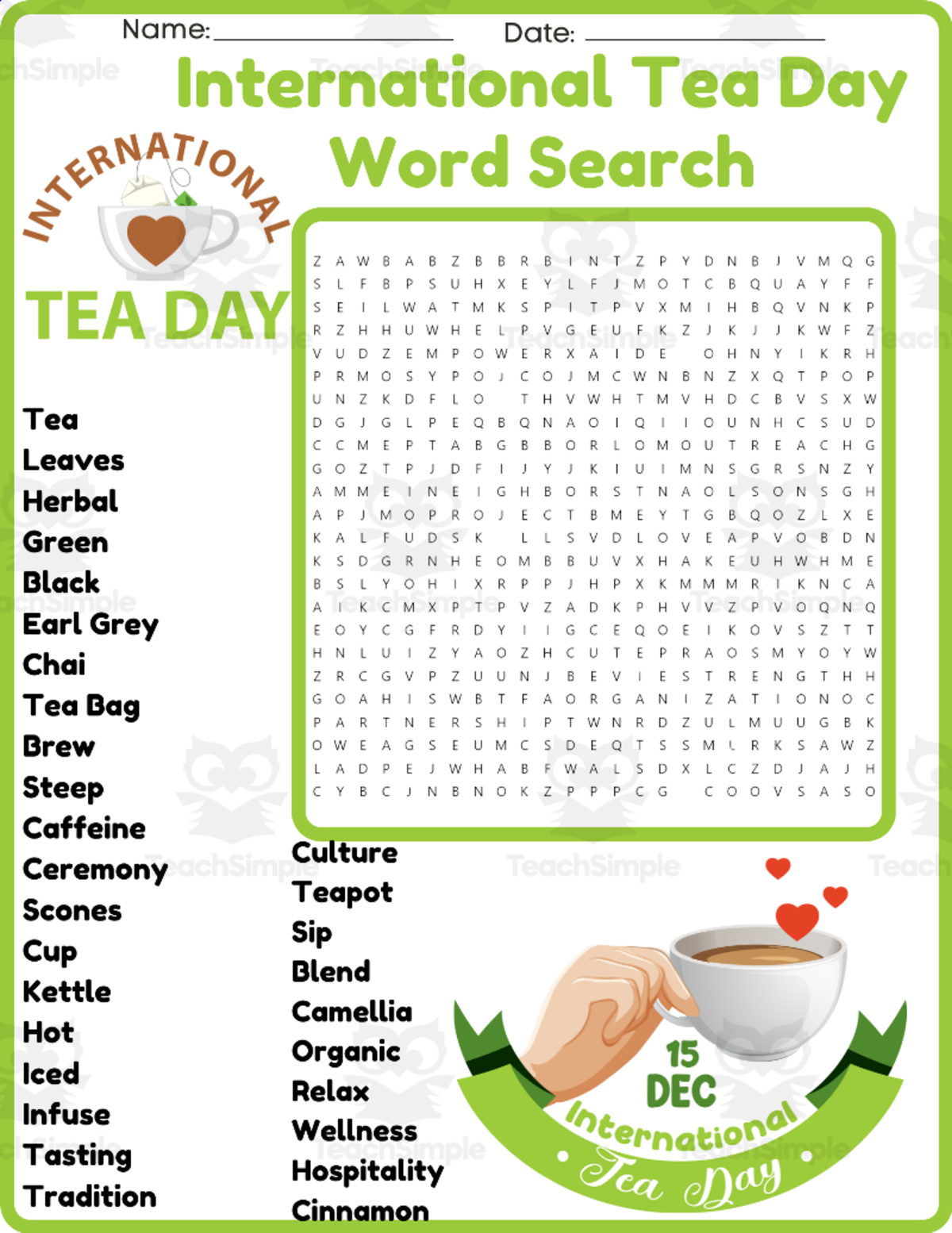An educational teaching resource from space shope entitled International Tea Day Word Search Puzzle (3rd, 4th, 5th & 6th Grade) downloadable at Teach Simple.