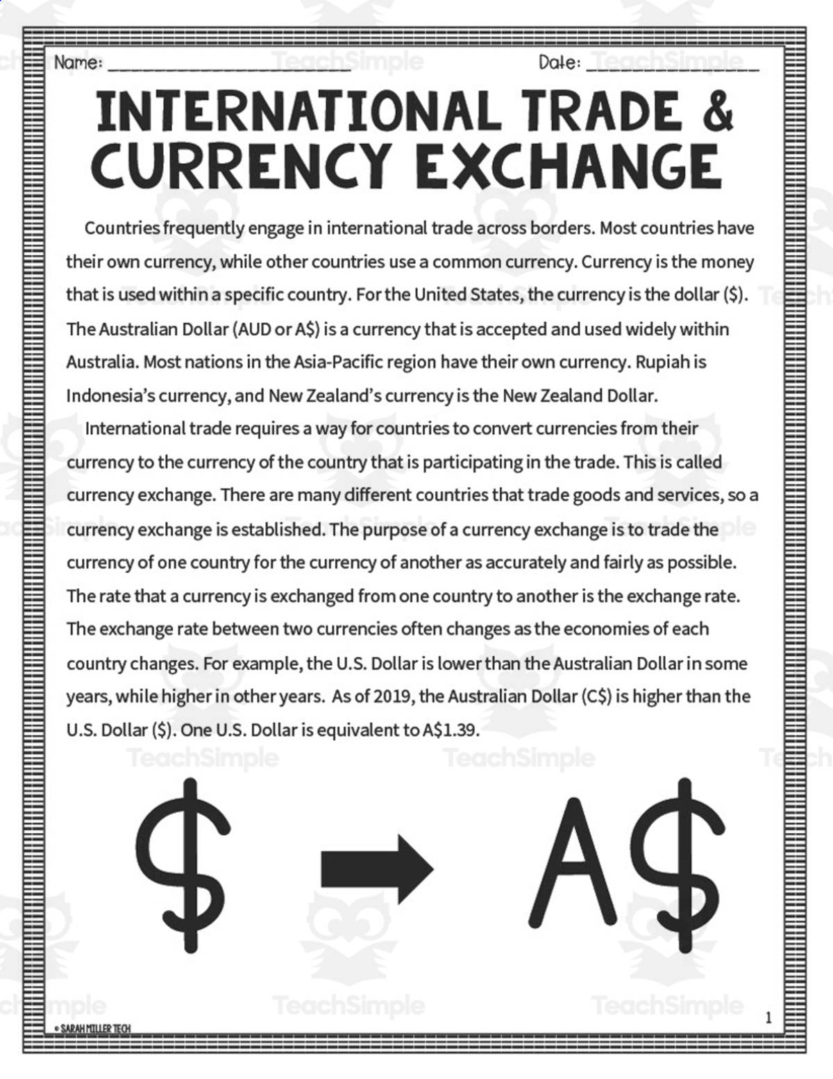 An educational teaching resource from Sarah Miller Tech entitled International Trade + Currency Exchange in Australia Reading Packet downloadable at Teach Simple.