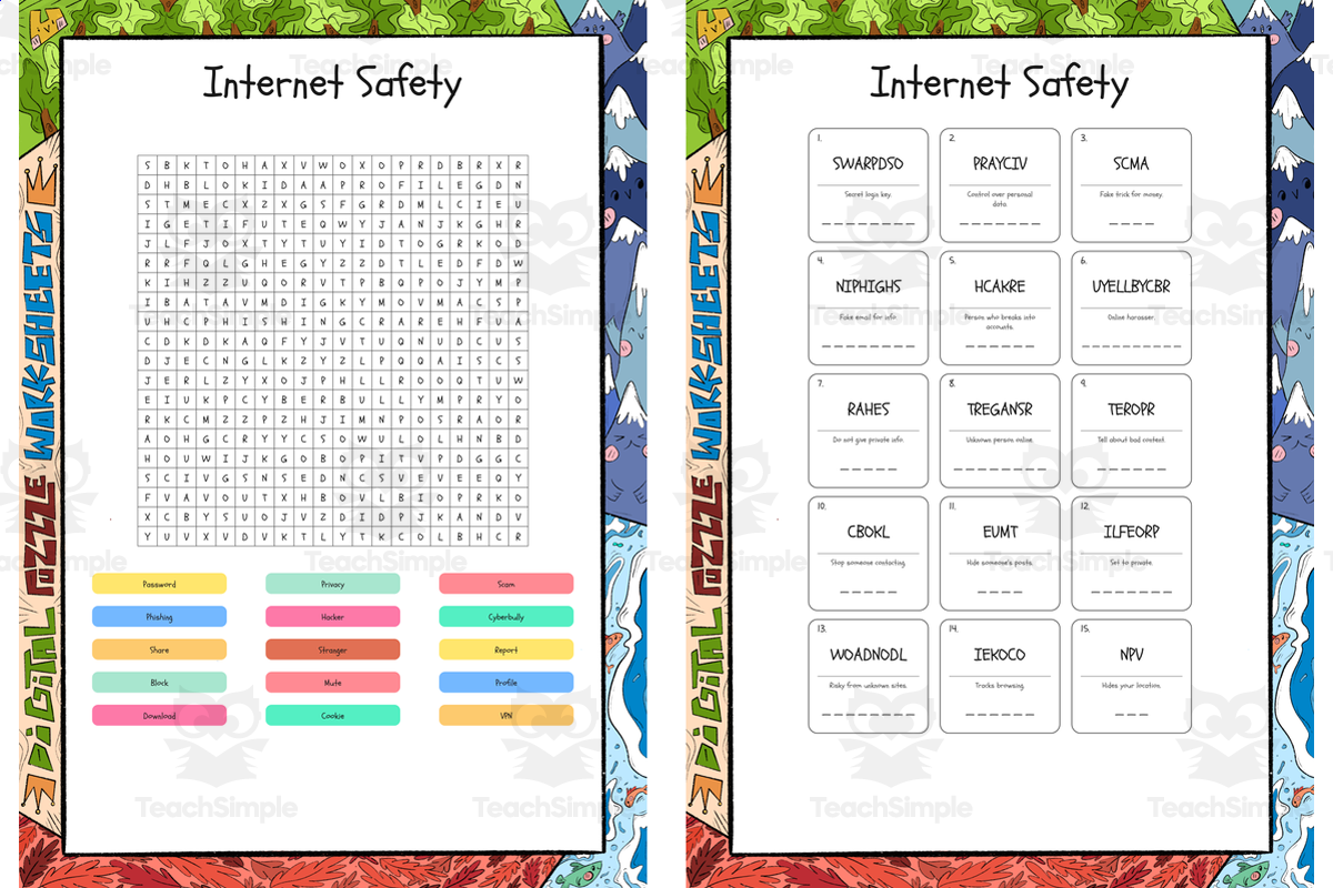 An educational teaching resource from Lapiiin Art Activities entitled Internet Safety word search, scramble and crossword puzzle downloadable at Teach Simple.
