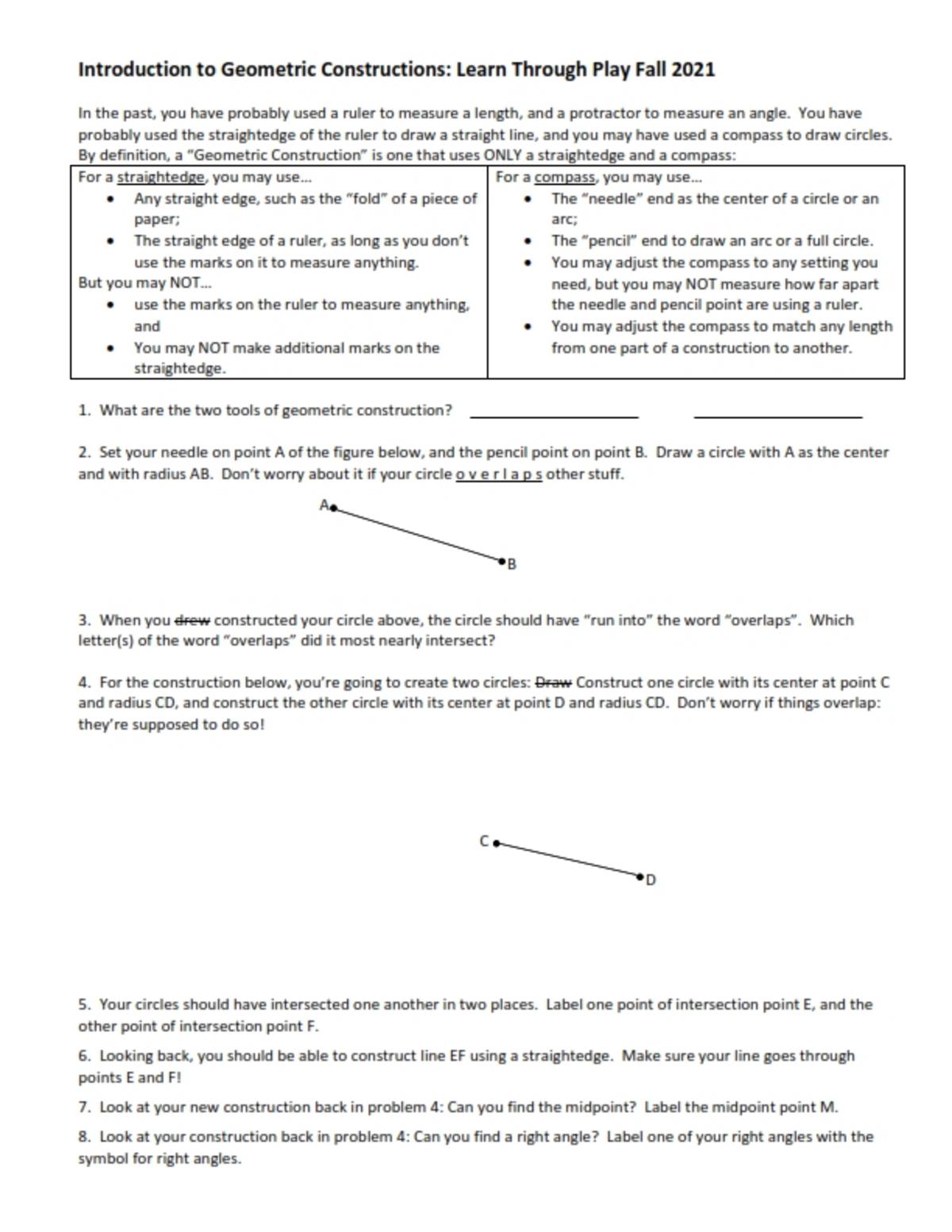 An educational teaching resource from Peter Jonnard entitled Introduction to Geometric Constructions: Learn through play (Fall) downloadable at Teach Simple.