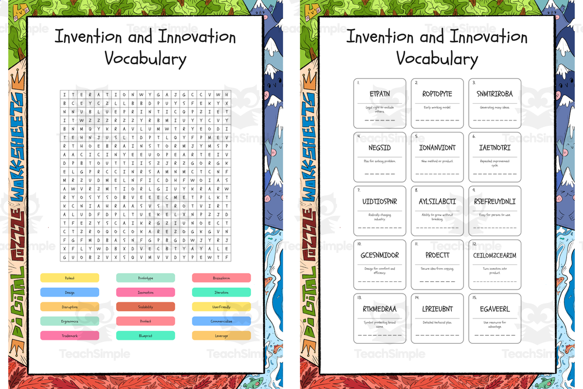 An educational teaching resource from Lapiiin Art Activities entitled Invention and Innovation Vocabulary word search, scramble and crosswor downloadable at Teach Simple.
