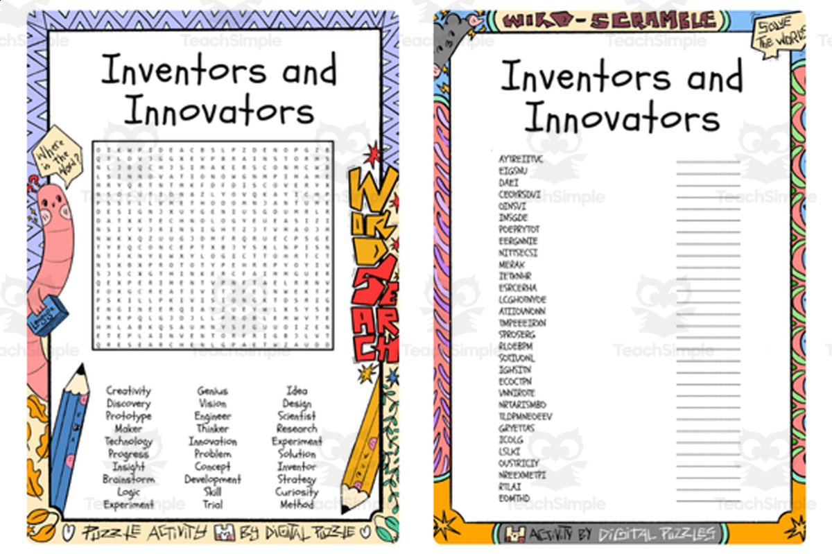 An educational teaching resource from Lapiiin Art Activities entitled Inventors and Innovators word search & scramble downloadable at Teach Simple.