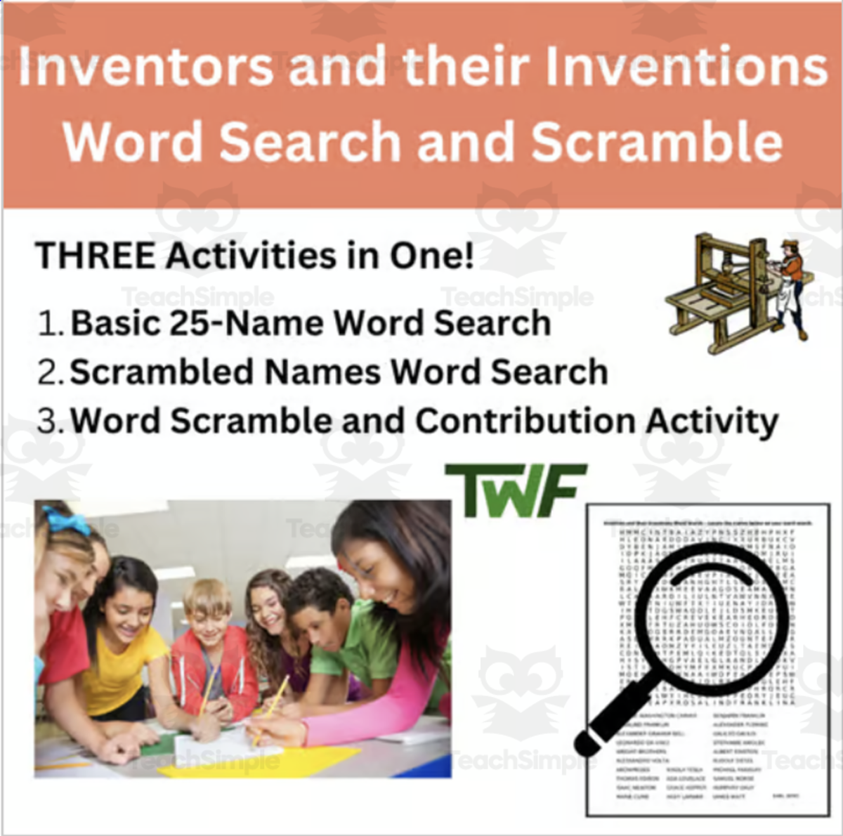 An educational teaching resource from Teach With Fergy entitled Inventors and their Inventions Word Search and Scramble Activity downloadable at Teach Simple.