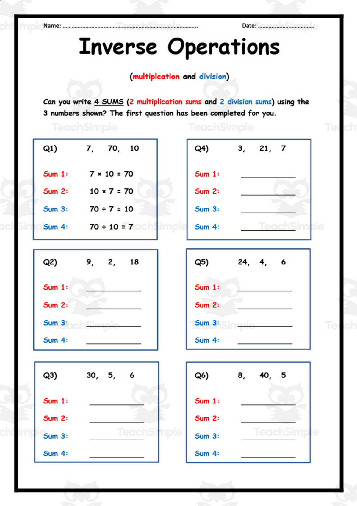An educational teaching resource from Elementary Resources 4 U entitled Inverse Operations Worksheet – Multiplication & Division downloadable at Teach Simple.
