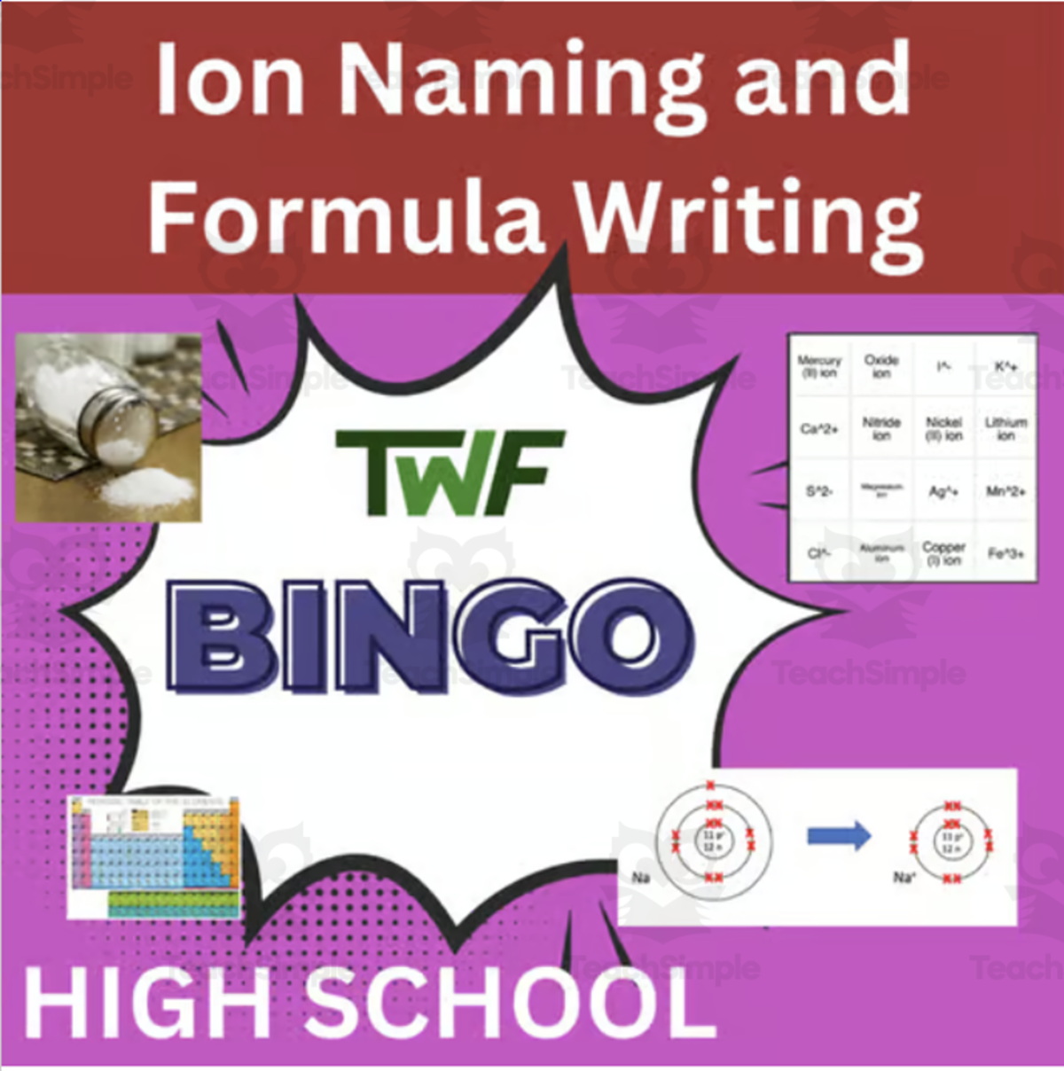 An educational teaching resource from Teach With Fergy entitled Ion Naming and Formula Writing Science BINGO Activity downloadable at Teach Simple.