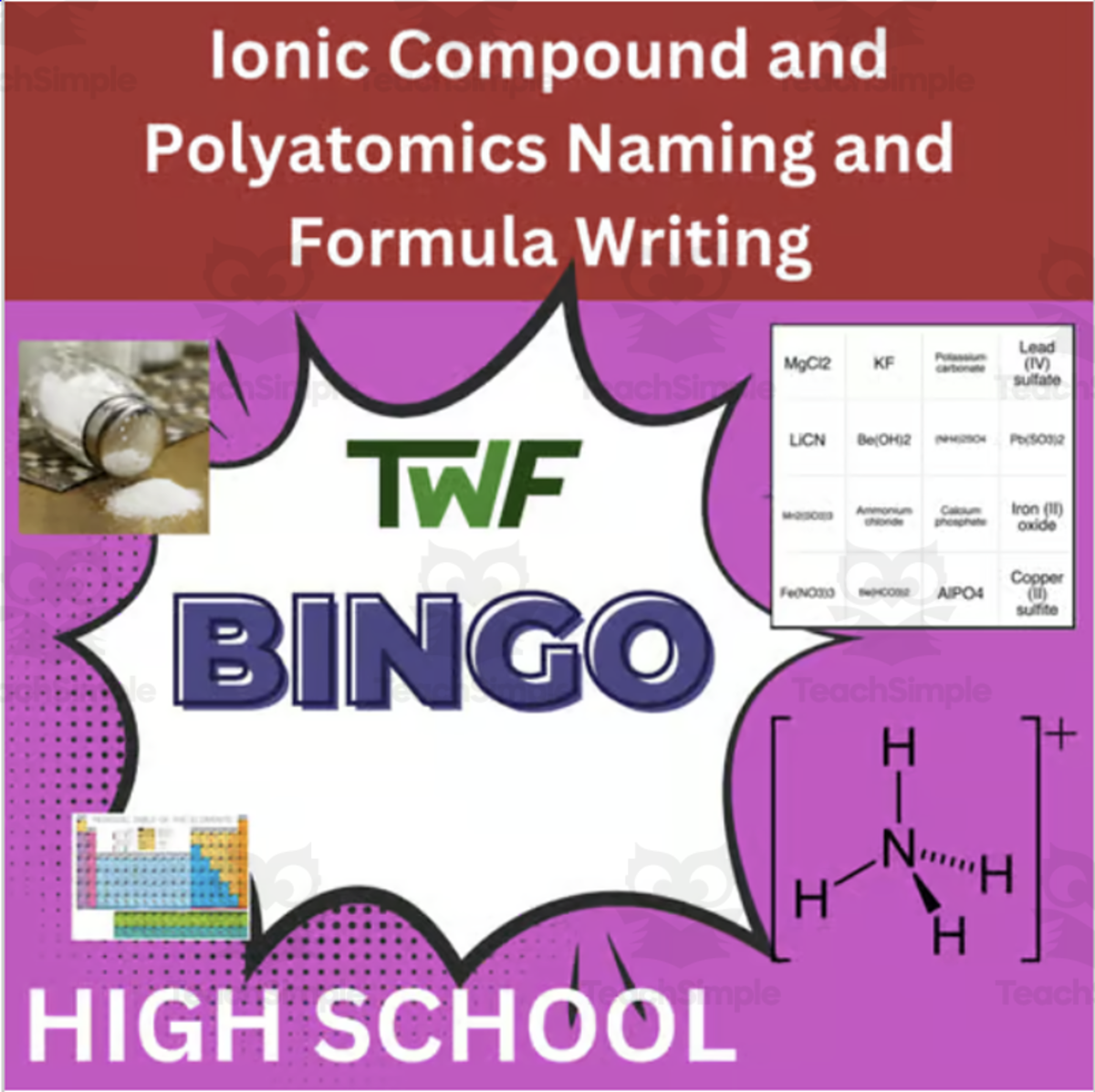 An educational teaching resource from Teach With Fergy entitled Ionic and Polyatomic Compound Naming & Formulas Science BINGO Activity downloadable at Teach Simple.