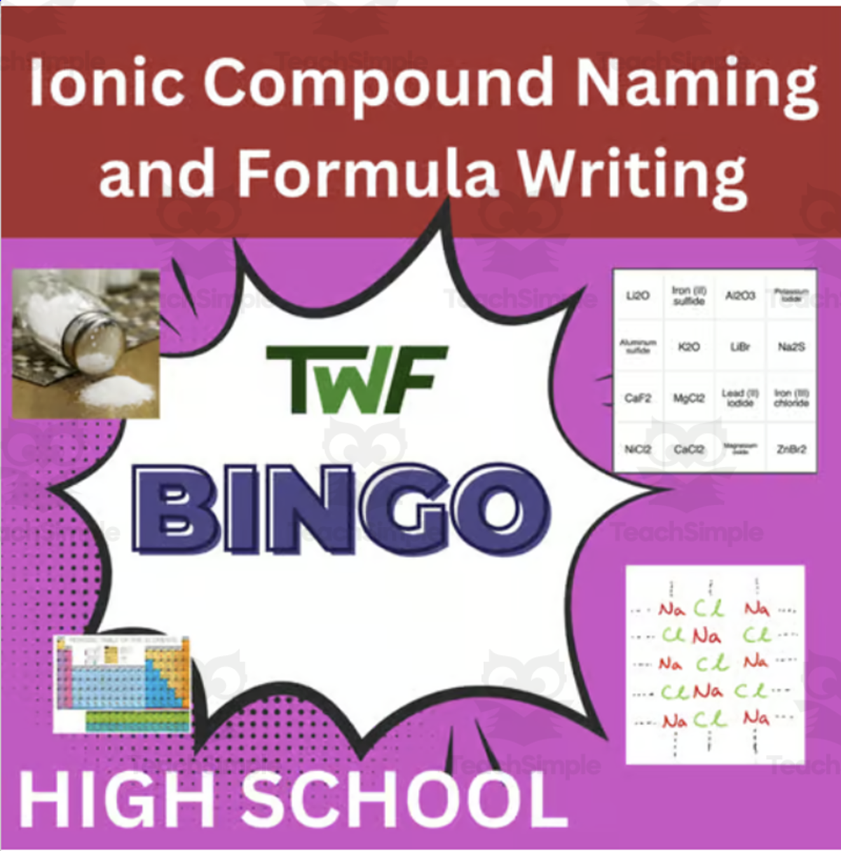 An educational teaching resource from Teach With Fergy entitled Ionic Compound Naming and Formula Writing Science BINGO Activity downloadable at Teach Simple.