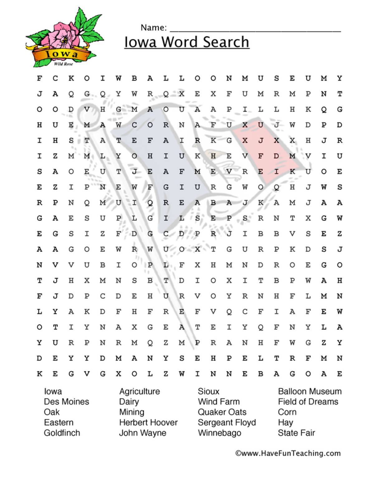 An educational teaching resource from Have Fun Teaching entitled Iowa Word Search Worksheet downloadable at Teach Simple.