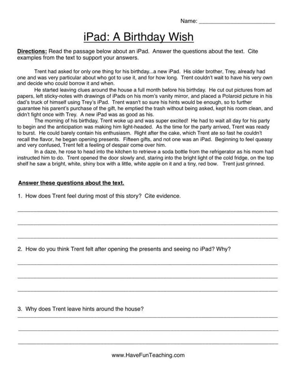 An educational teaching resource from Have Fun Teaching entitled iPad A Birthday Wish Reading Comprehension Worksheet downloadable at Teach Simple.