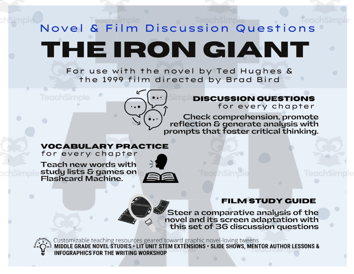 An educational teaching resource from Room2Ruminations entitled "Iron Giant" Novel & film Discussion Questions downloadable at Teach Simple.