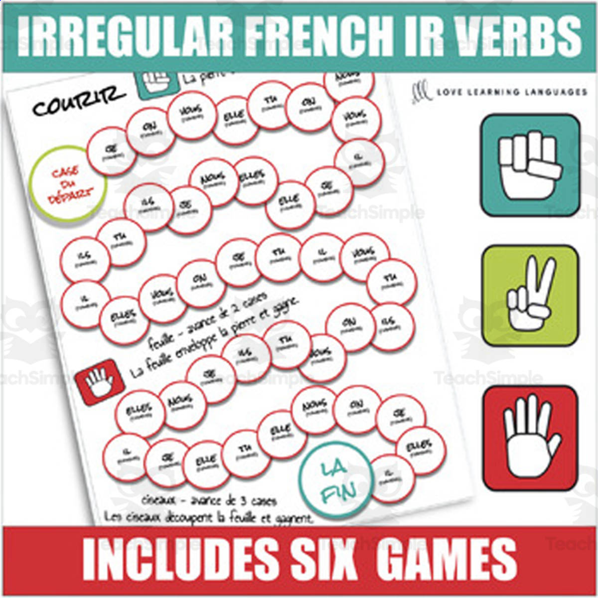 An educational teaching resource from Love Learning Languages entitled Irregular French IR Verbs Conjugation Games - Rock, Paper, Scissors - Courir, Partir, Sortir, Dormir, Servir downloadable at Teach Simple.