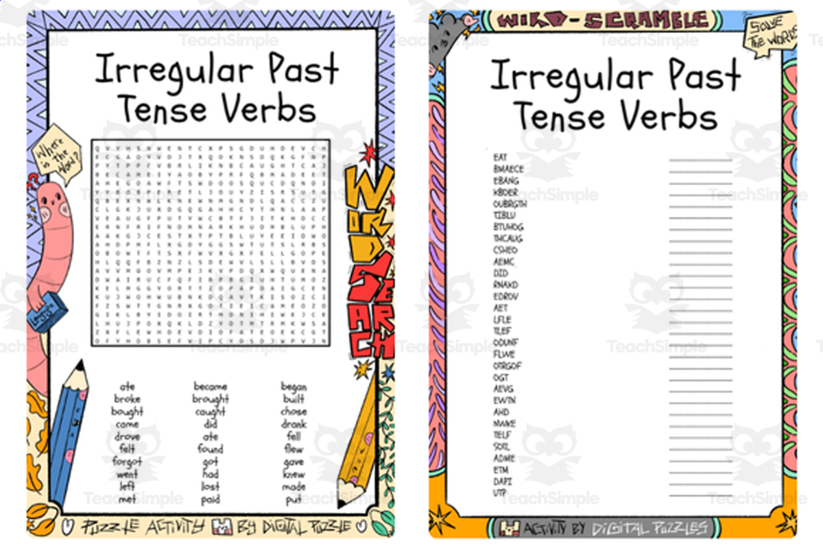 An educational teaching resource from Lapiiin Art Activities entitled Irregular Past Tense Verbs word search & scramble downloadable at Teach Simple.