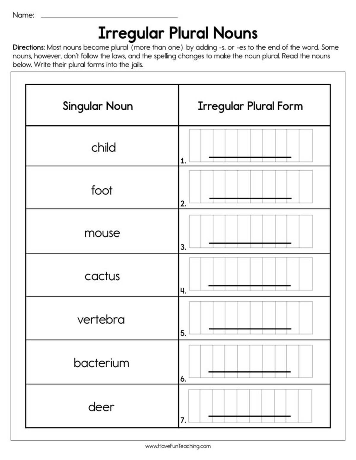 An educational teaching resource from Have Fun Teaching entitled Irregular Plural Nouns Worksheet downloadable at Teach Simple.