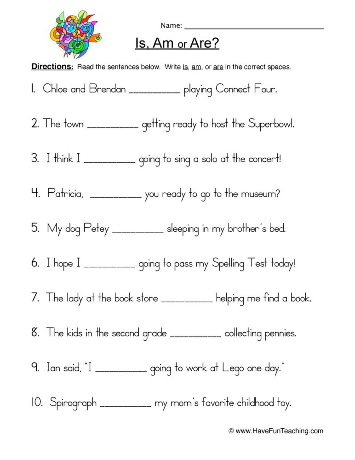 An educational teaching resource from Have Fun Teaching entitled Is Am Are Fill in Blank Worksheet downloadable at Teach Simple.