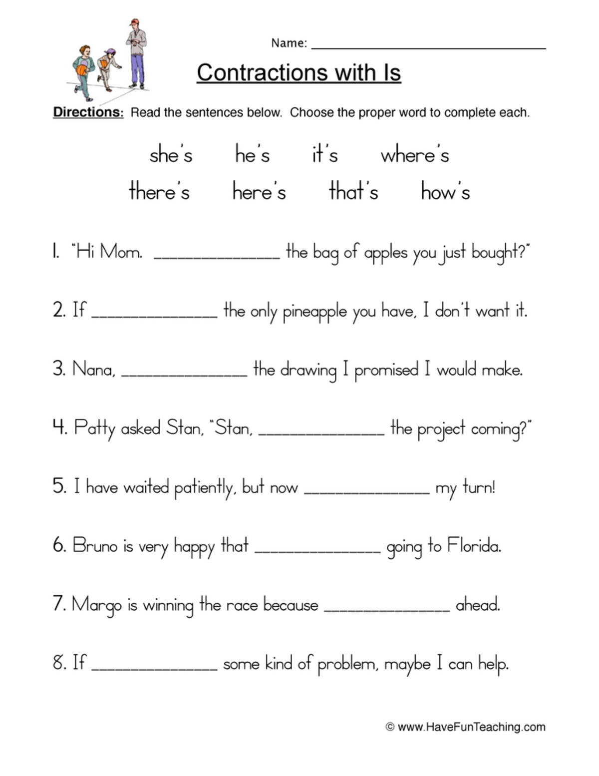 An educational teaching resource from Have Fun Teaching entitled Is Contractions Worksheet downloadable at Teach Simple.