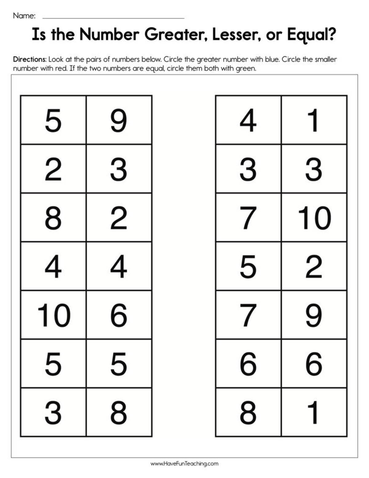 An educational teaching resource from Have Fun Teaching entitled Is the Number Greater Lesser or Equal Worksheet downloadable at Teach Simple.