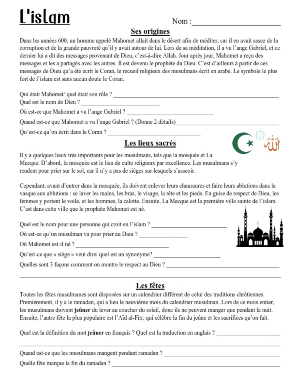 An educational teaching resource from Brave Education entitled Islam reading & Comprehension Unit ( French Version ) downloadable at Teach Simple.