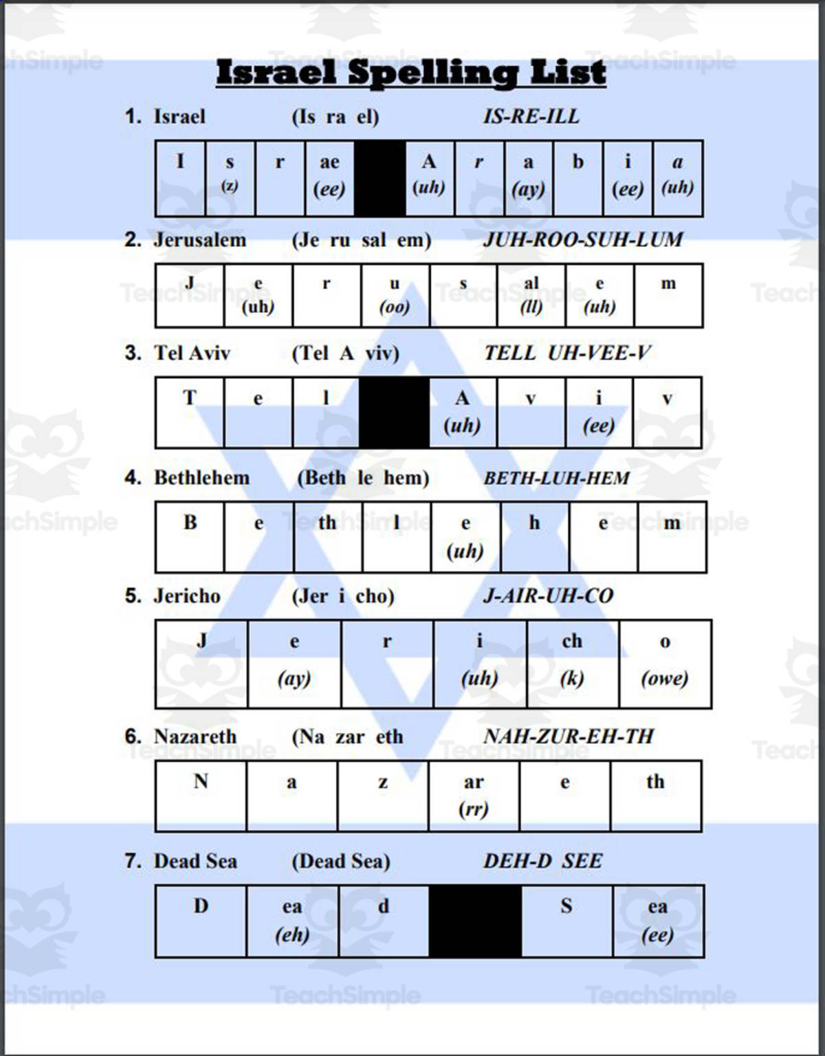 An educational teaching resource from Mr. Matthews Teacher Store entitled Israel Spelling List downloadable at Teach Simple.