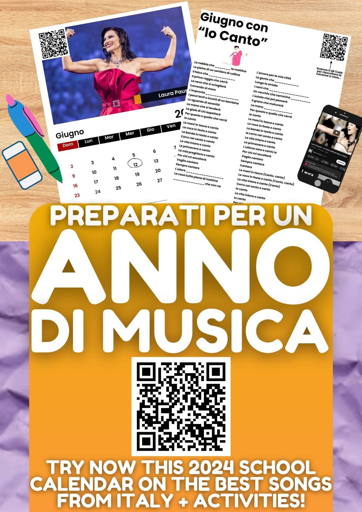 An educational teaching resource from Learning with Alan entitled Italian 2024 Calendar with 12 Songs from Italy + Activities + QR Codes downloadable at Teach Simple.