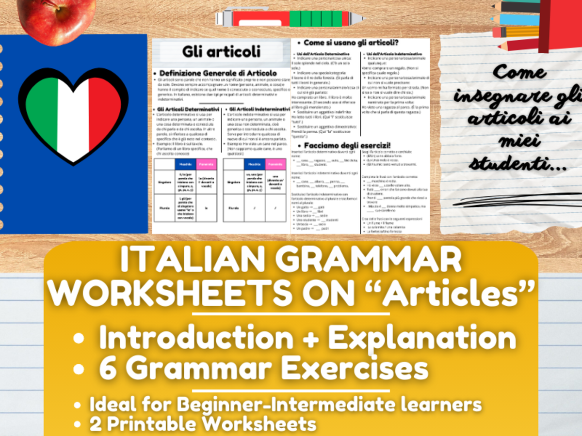 An educational teaching resource from Learning with Alan entitled Italian Grammar Worksheets on Articles downloadable at Teach Simple.