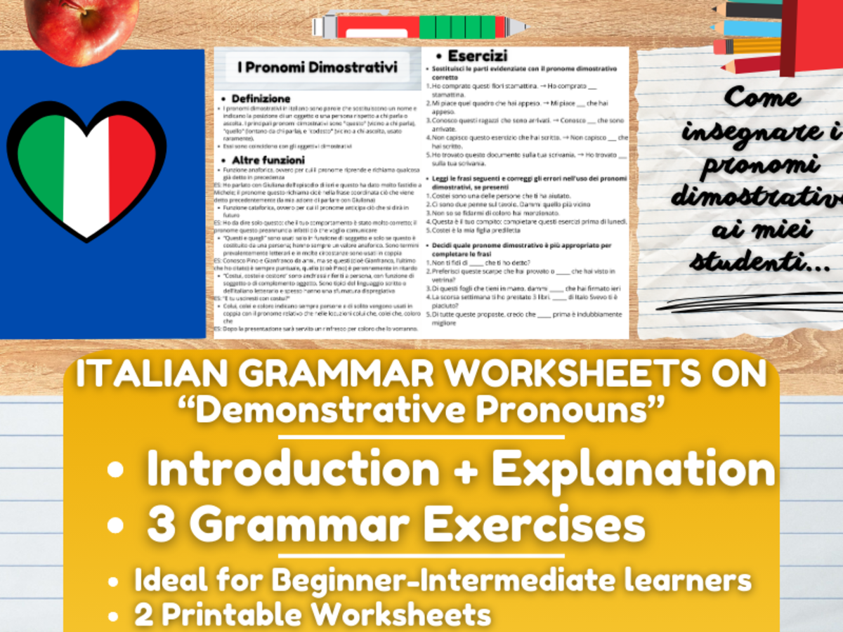 An educational teaching resource from Learning with Alan entitled Italian Grammar Worksheets on Demonstrative Pronouns downloadable at Teach Simple.