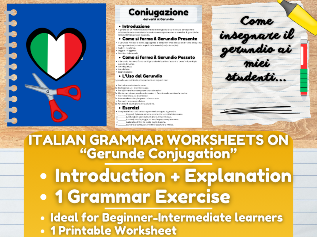 An educational teaching resource from Learning with Alan entitled Italian Grammar Worksheets on Gerunde downloadable at Teach Simple.