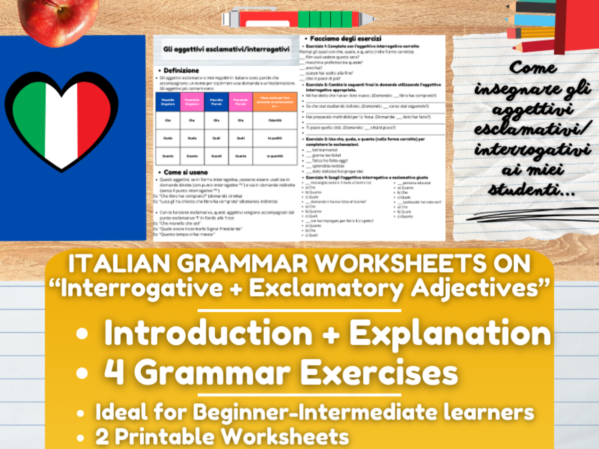 An educational teaching resource from Learning with Alan entitled Italian Grammar Worksheets on Interrogative and Exclamatory Adjectives downloadable at Teach Simple.
