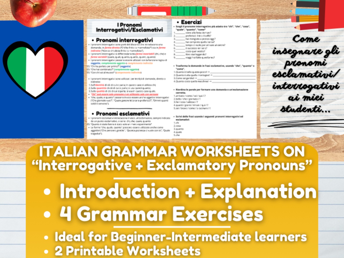 An educational teaching resource from Learning with Alan entitled Italian Grammar Worksheets on Interrogative + Exclamatory Pronouns downloadable at Teach Simple.
