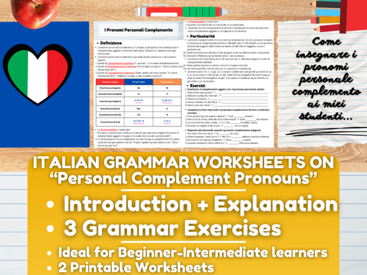 An educational teaching resource from Learning with Alan entitled Italian Grammar Worksheets on Personal Complement Pronouns downloadable at Teach Simple.