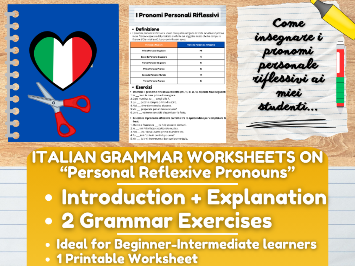 An educational teaching resource from Learning with Alan entitled Italian Grammar Worksheets on "Personal Reflexive Pronouns" downloadable at Teach Simple.