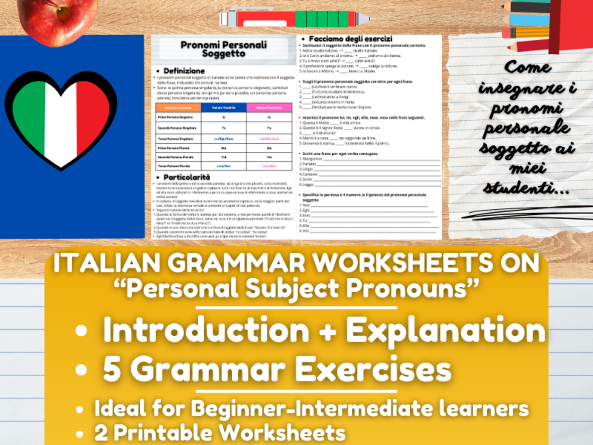 An educational teaching resource from Learning with Alan entitled Italian Grammar Worksheets on Personal Subject Pronouns downloadable at Teach Simple.