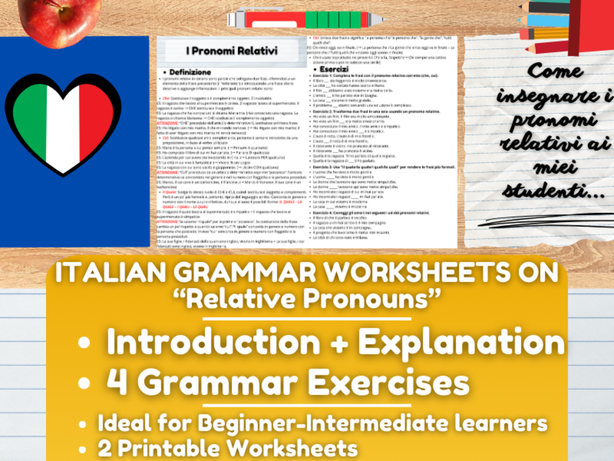 An educational teaching resource from Learning with Alan entitled Italian Grammar Worksheets on "Relative Pronouns" downloadable at Teach Simple.