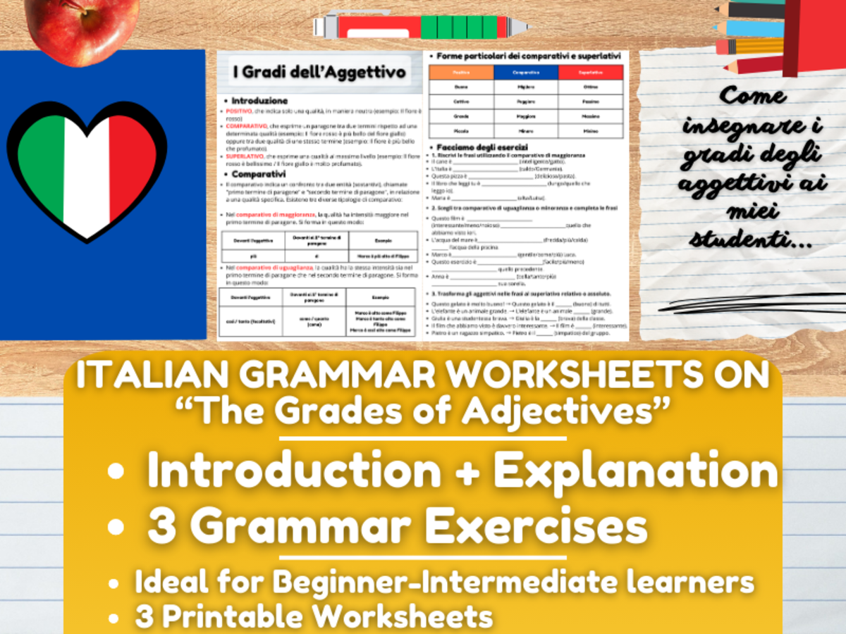 An educational teaching resource from Learning with Alan entitled Italian Grammar Worksheets on the Grades of Adjectives downloadable at Teach Simple.