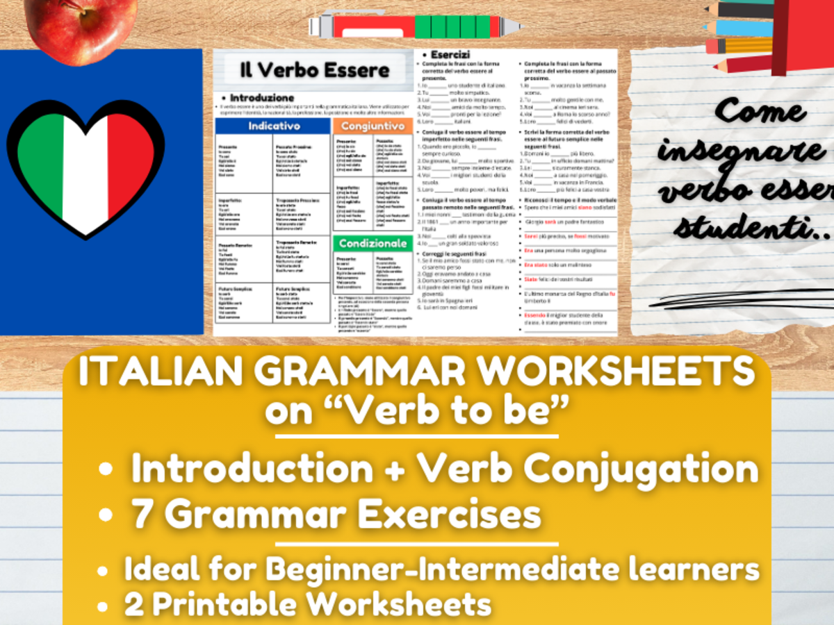 An educational teaching resource from Learning with Alan entitled Italian Grammar Worksheets on Verb to Be downloadable at Teach Simple.