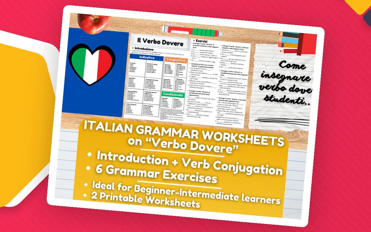 An educational teaching resource from Learning with Alan entitled Italian Grammar – Verbo Dovere Worksheet Pack downloadable at Teach Simple.