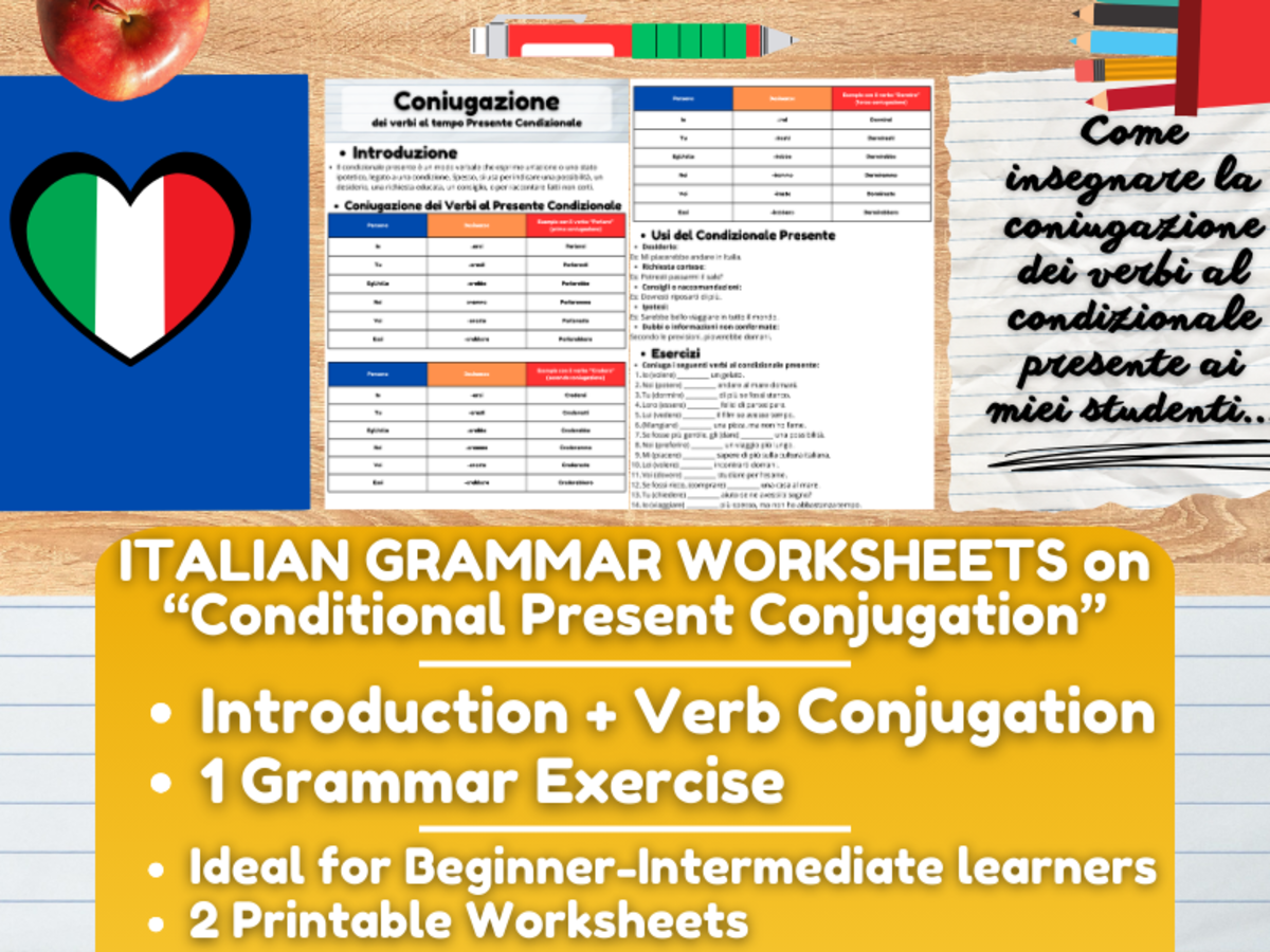 An educational teaching resource from Learning with Alan entitled Italian Grammar Worksheets on Verbs Conjugation at Conditional Present downloadable at Teach Simple.