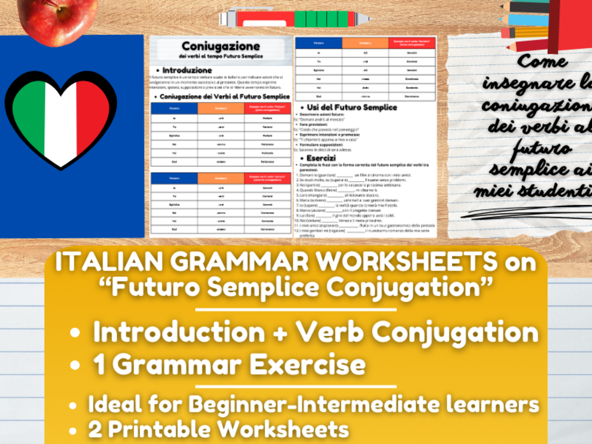 An educational teaching resource from Learning with Alan entitled Italian Futuro Semplice – Verb Conjugation Worksheets downloadable at Teach Simple.