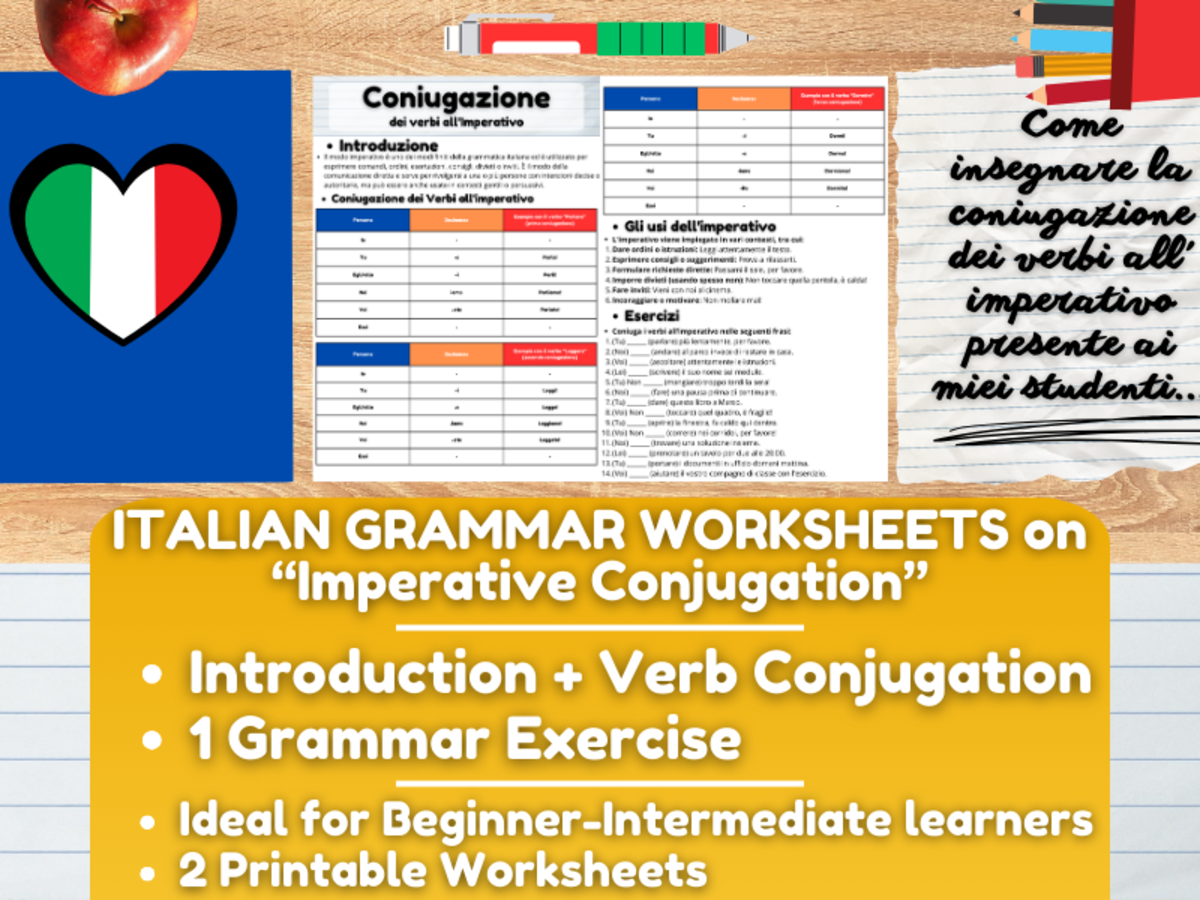 An educational teaching resource from Learning with Alan entitled Italian Grammar Worksheets on Verbs Conjugation at Imperative downloadable at Teach Simple.