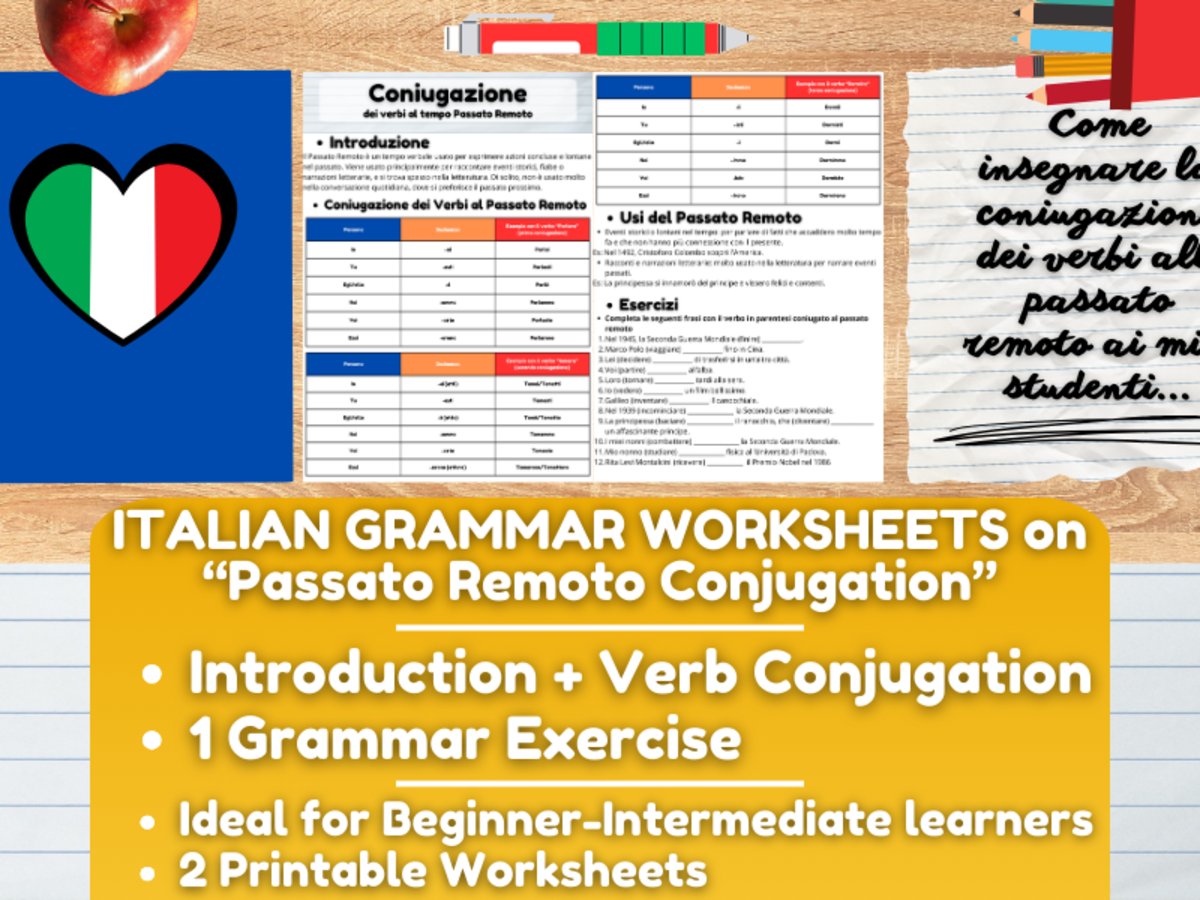 An educational teaching resource from Learning with Alan entitled Italian Grammar Worksheets on Verbs Conjugation at "Passato Remoto" downloadable at Teach Simple.