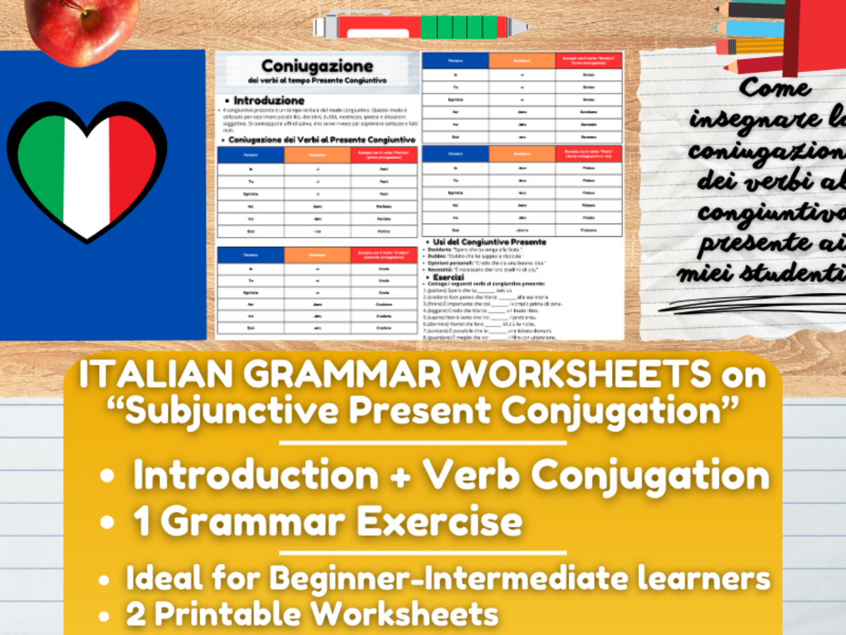 An educational teaching resource from Learning with Alan entitled Italian Grammar Worksheets on Verbs Conjugation at Subjunctive Present downloadable at Teach Simple.