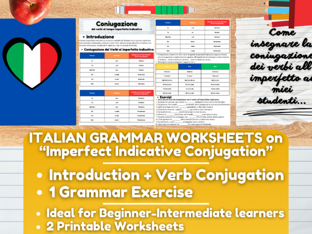 An educational teaching resource from Learning with Alan entitled Italian Grammar Worksheets - Verbs Conjugation at Imperfect Indicative downloadable at Teach Simple.